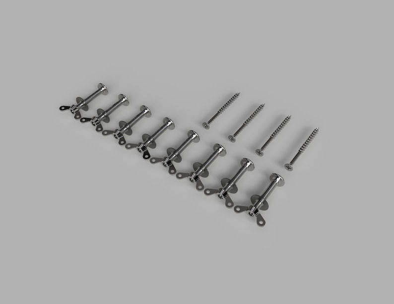 Puede incluir: Un juego de tornillos y pernos de metal plateado con tuercas de mariposa. Los tornillos est&aacute;n dispuestos en dos filas, con los pernos y las tuercas de mariposa en una sola fila.