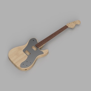 Könnte beinhalten: Ein hellfarbiger Korpus einer elektrischen Gitarre aus Holz mit einem dunkelbraunen Hals und einem grauen Schlagbrett. Die Gitarre ist angewinkelt, um ihr Design und ihre Komponenten zu zeigen. Die Kopfplatte ist ebenfalls hellfarbiges Holz.