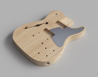 May include: An unfinished electric guitar body made of light-coloured wood, featuring a silver pickguard. The body has a cutaway design and pre-drilled holes for components. The wood grain is visible.