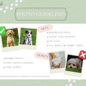 May include: A guide for taking photos of pets for custom artwork. The guide includes a checklist of what to do and what not to do when taking photos of pets. The checklist includes items such as high resolution, good even lighting, eye level, full body or visible chest, blurry photo, low uneven lighting, and lying down.