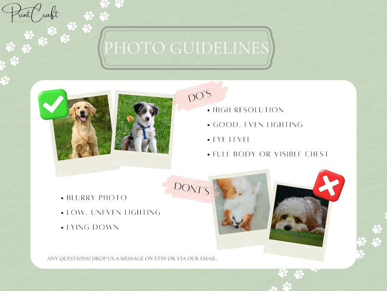 May include: A guide for taking photos of pets for custom artwork. The guide includes a checklist of what to do and what not to do when taking photos of pets. The checklist includes items such as high resolution, good even lighting, eye level, full body or visible chest, blurry photo, low uneven lighting, and lying down.