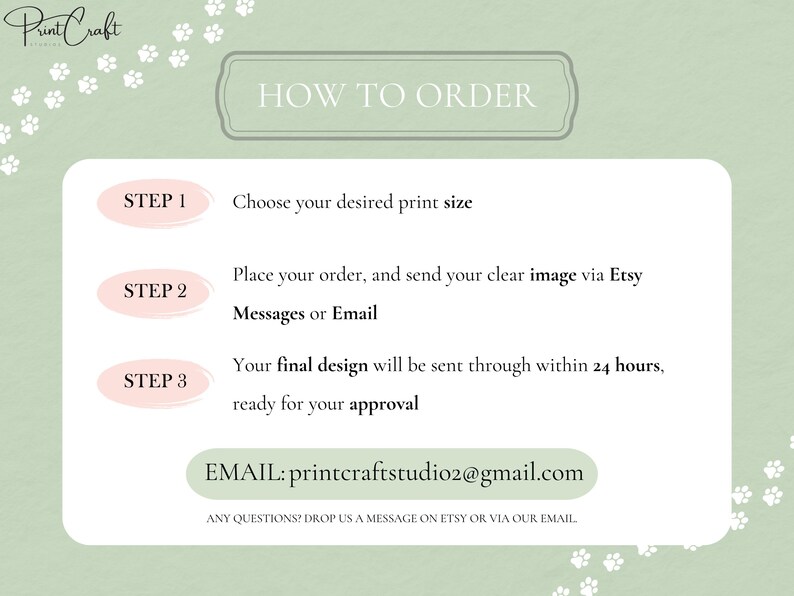 May include: How to order a custom print. Choose your desired print size, place your order, and send a clear image via Etsy messages or email. Your final design will be sent within 24 hours for your approval. Email: printcraftstudio2@gmail.com. Any questions? Drop us a message on Etsy or via our email.