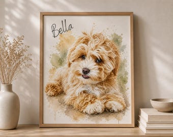 May include: A framed watercolor-style print featuring a fluffy, light brown puppy lying down. The name Bella is written in black cursive script in the upper left corner. The background consists of soft, blended green and tan paint splatters.