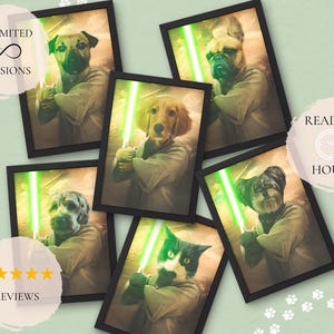 May include: Six framed illustrations of dogs and a cat in a Star Wars theme. Each image features a pet with a lightsaber and dressed in a Jedi robe. The text "Unlimited Revisions" and "Ready in 24 Hours" are visible in the image.