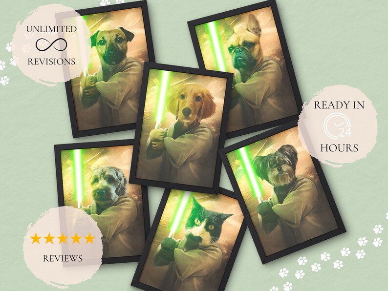 May include: Six framed illustrations of dogs and a cat in a Star Wars theme. Each image features a pet with a lightsaber and dressed in a Jedi robe. The text "Unlimited Revisions" and "Ready in 24 Hours" are visible in the image.