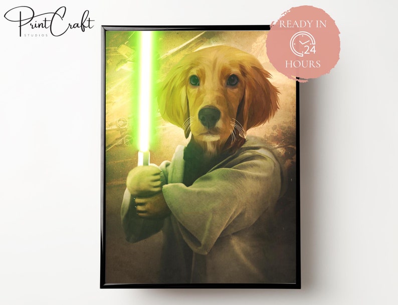 May include: A golden retriever dog dressed as a Jedi Knight, holding a green lightsaber. The dog is wearing a brown robe and has a serious expression on its face. The background is a blurred image of a desert landscape.