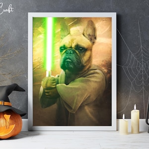May include: A French Bulldog dressed as a Jedi Knight, holding a green lightsaber. The dog is wearing a brown robe and has a serious expression on its face. The background is a blurred image of a forest.