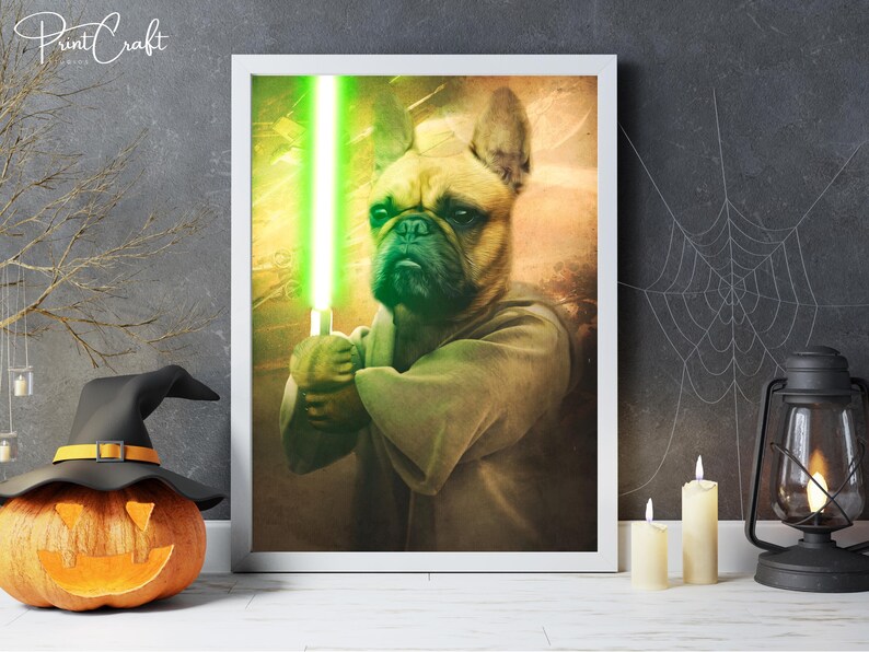 May include: A French Bulldog dressed as a Jedi Knight, holding a green lightsaber. The dog is wearing a brown robe and has a serious expression on its face. The background is a blurred image of a forest.