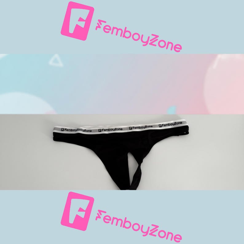 May include: Black thong underwear with a white waistband featuring the text "FemboyZone" in a repeating pattern. The underwear is displayed against a gradient background of blue and pink.
