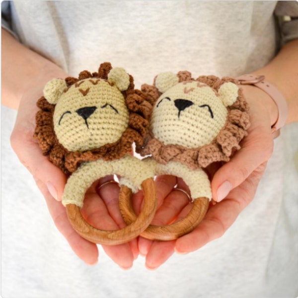 Crochet baby rattle pattern, lion toy, zodiac leo gift, crochet rattle with teether ring, newborn baby rattle DIY baby shower pregnancy gift