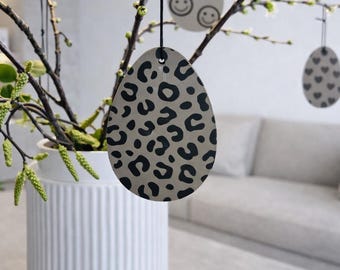 Set med 2 påskäggsdekorationer med laserskuren design | Påskdekoration | Leopardmönster | Leende ansikte | Påskhare | Hjärtan