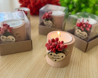 Happy Holiday FavorsChristmas Gifts, Christmas Personalized Candle Favor, Christmas Wooden Candle Holder, Merry Christmas Tag