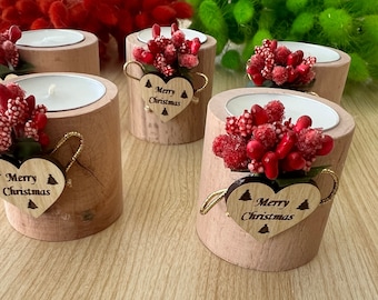 Happy Holiday FavorsChristmas Gifts, Christmas Personalized Candle Favor, Christmas Wooden Candle Holder, Merry Christmas Tag