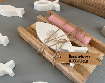 Kerzenständer Fisch, Konfirmationsgeschenk, Kommunion, Konfi, Geschenkeset, Raysin, Holz, Taufgeschenk, Taufe