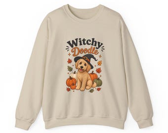 Felpa girocollo Witchy Doodle Puppy | Foglie di zucca autunnali Halloween