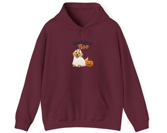 Felpa con cappuccio di Halloween "Golden Boo" con Golden Retriever | Design con cane e zucca
