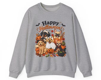 Felpa girocollo con cuccioli di Halloween | Simpatici cani in costume da zucca