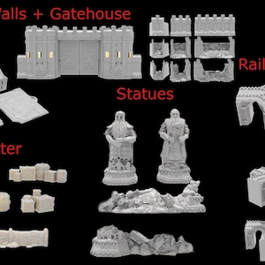 May include: A collection of miniature terrain pieces for tabletop gaming, including roads, walls, a gatehouse, statues, railways, and scatter terrain. The pieces are light gray and designed to create a fantasy environment.