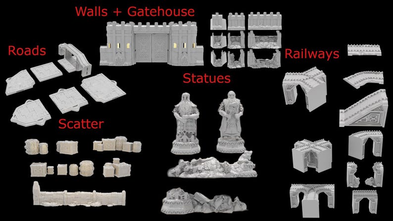May include: A collection of miniature terrain pieces for tabletop gaming, including roads, walls, a gatehouse, statues, railways, and scatter terrain. The pieces are light gray and designed to create a fantasy environment.
