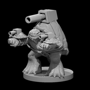 May include: A grey, detailed miniature of a turtle with a cannon on its back and two guns on its arms. The turtle is standing on a round base.