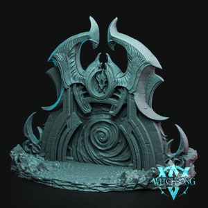 May include: A 3D printed, teal-colored, stone-like portal with a swirling design. The portal is framed by a decorative archway with intricate details. The base is textured to resemble a rocky surface. The text "WITCHSONG" is visible in the lower right corner.