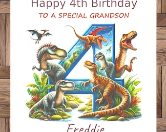 Carte personnalisée pour 4e anniversaire : thème dinosaure, tous les membres de la famille, fait main