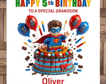 Carte d'anniversaire personnalisée avec super-héros : pour un garçon, blocs de construction, fait main, de 1 à 10 ans uniquement