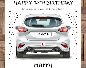 Tarjeta de cumpleaños número 17 personalizada: Coche de aprendiz de conductor, hecha a mano.