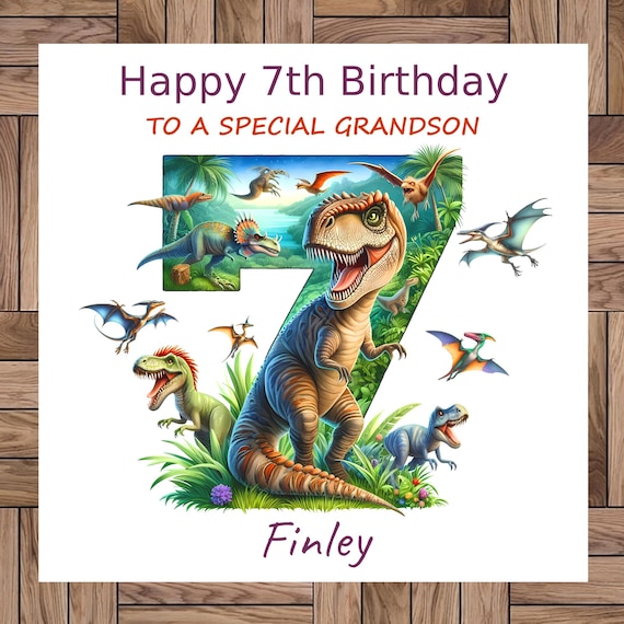Personalised 7th Birthday Card: Dinosaur Theme, Handmade