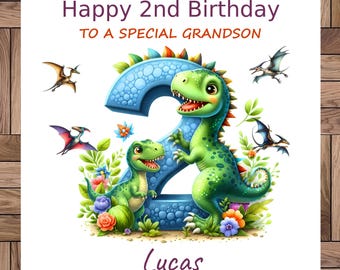 Tarjeta de cumpleaños personalizada para el segundo cumpleaños: Dinosaurio, tarjeta de lino hecha a mano.