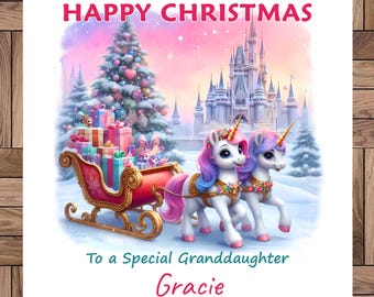 Personalised Christmas Card, A Christmas Unicorn Sleigh, Any Relative & Name, Handmade