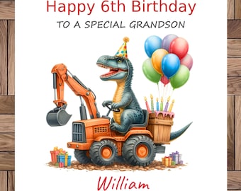 Carte d'anniversaire personnalisée : dinosaure, camion pelle, tout âge, tout parent et nom, fait main