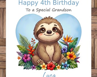 Carte d'anniversaire personnalisée : paresseux, Amérique du Sud, forêt, tout âge/parent