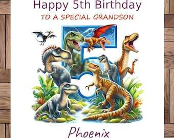 Carte personnalisée pour 5e anniversaire : thème dinosaure, tous les membres de la famille, fait main