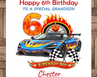 Carte d'anniversaire personnalisée : Voiture de course, pour un garçon de 6 à 10 ans. Carte faite main.
