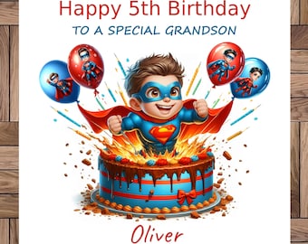 Personalised Birthday Card, A Super Hero And Cake Any Age, Any Relative & Name