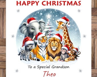 Carte de Noël Safari personnalisée : tous portant des chapeaux de père Noël, tous les membres de la famille et tous les noms, fait main