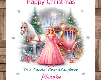 Carte de Noël personnalisée, une scène de Noël de princesse, tous les membres de la famille et tous les noms, fait main