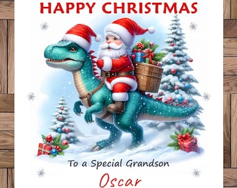 Personalised Christmas Card: Santa Riding A Dinosaur Any Relative & Name, Handmade