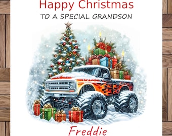 Carte de Noël personnalisée : un Monster Truck de Noël, tous les membres de la famille et tous les noms, fait main