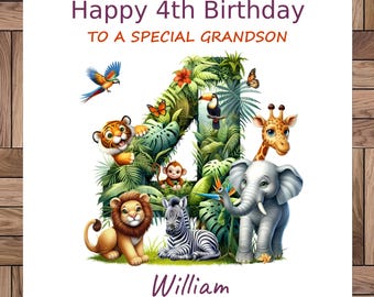Carte Safari personnalisée pour le 4e anniversaire : animaux de la jungle