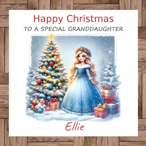 Puede incluir: Una tarjeta de Navidad con una escena invernal que presenta un árbol de Navidad decorado, una princesa con un vestido azul y regalos envueltos. La tarjeta dice "Feliz Navidad A Una Nieta Especial" y está firmada "Ellie".