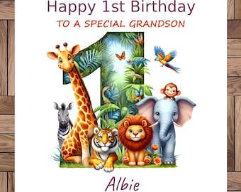 Personalised Safari 1st Birthday Card: Jungle Animals