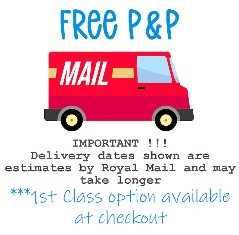 Op de afbeelding: Een rode postwagen met het woord "MAIL" aan de zijkant. De tekst "Free P&P" staat in het blauw boven de wagen. Onder de wagen staat de tekst "IMPORTANT!!! Delivery dates shown are estimates by Royal Mail and may take longer ***1st Class option available at checkout" in het zwart.