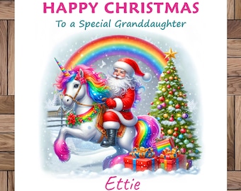 Carte de Noël personnalisée licorne : avec le père Noël, tous les membres de la famille et nom de famille, fait main