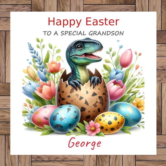 Personalised Dinosaur Easter Card, T Rex, Any Relative & Name, Handmade