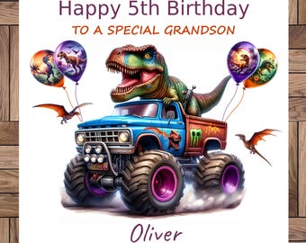 Personalised Dinosaur Monster Truck Birthday Card: Any Age & Relative, Handmade