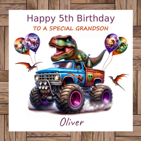 Personalised Dinosaur Monster Truck Birthday Card: Any Age & Relative, Handmade