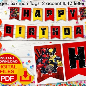 May include: A digital PDF birthday banner with red, yellow, and black pennant flags. The banner spells "HAPPY BIRTHDAY" with superhero-themed accent flags. The image also includes a download icon and the text "INSTANT DOWNLOAD DIGITAL FILES PDF".