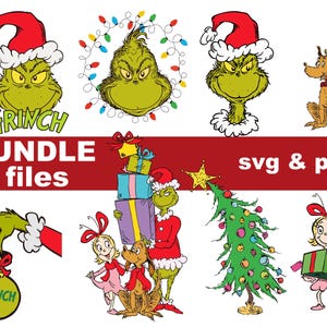 Può includere: Un pacchetto di grafica digitale con otto illustrazioni di un personaggio verde, un cane marrone con le corna, una bambina, un albero di Natale decorato e regali. Il testo recita BUNDLE 8 files, svg & png, e GRINCH.